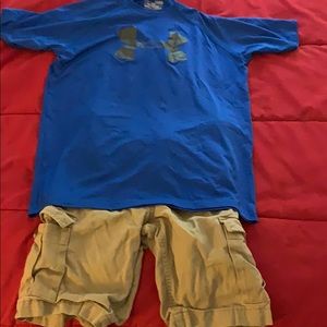 Size youth large Khaki outfit with blue UA tee